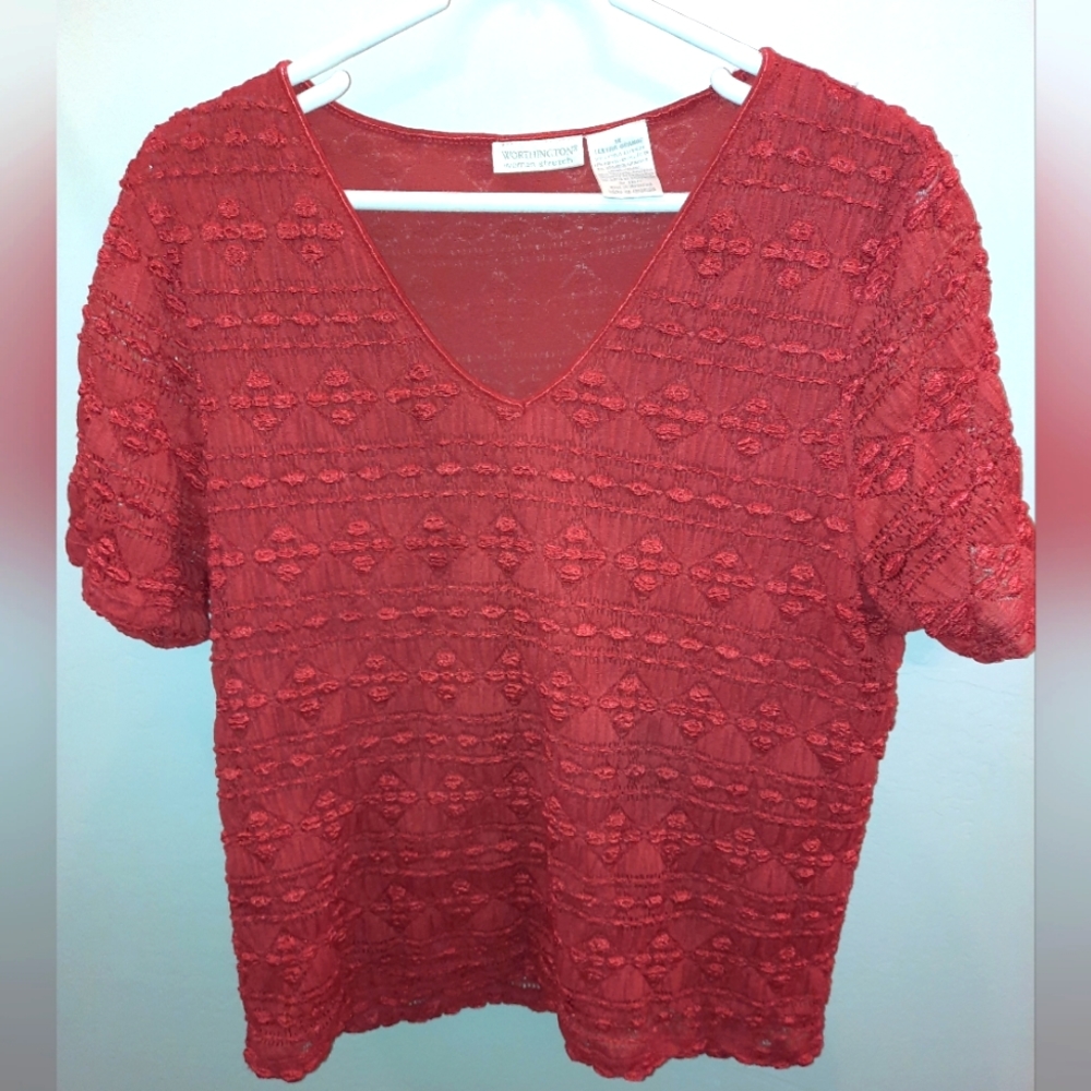 Women's Worthington 1x short sleeve rust color stretch lace top